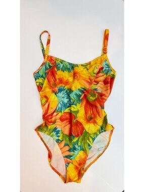 KRISTA Vtg Orange Floral One Piece Swimsuit Bathing Suit Size 14D Wired Push Up